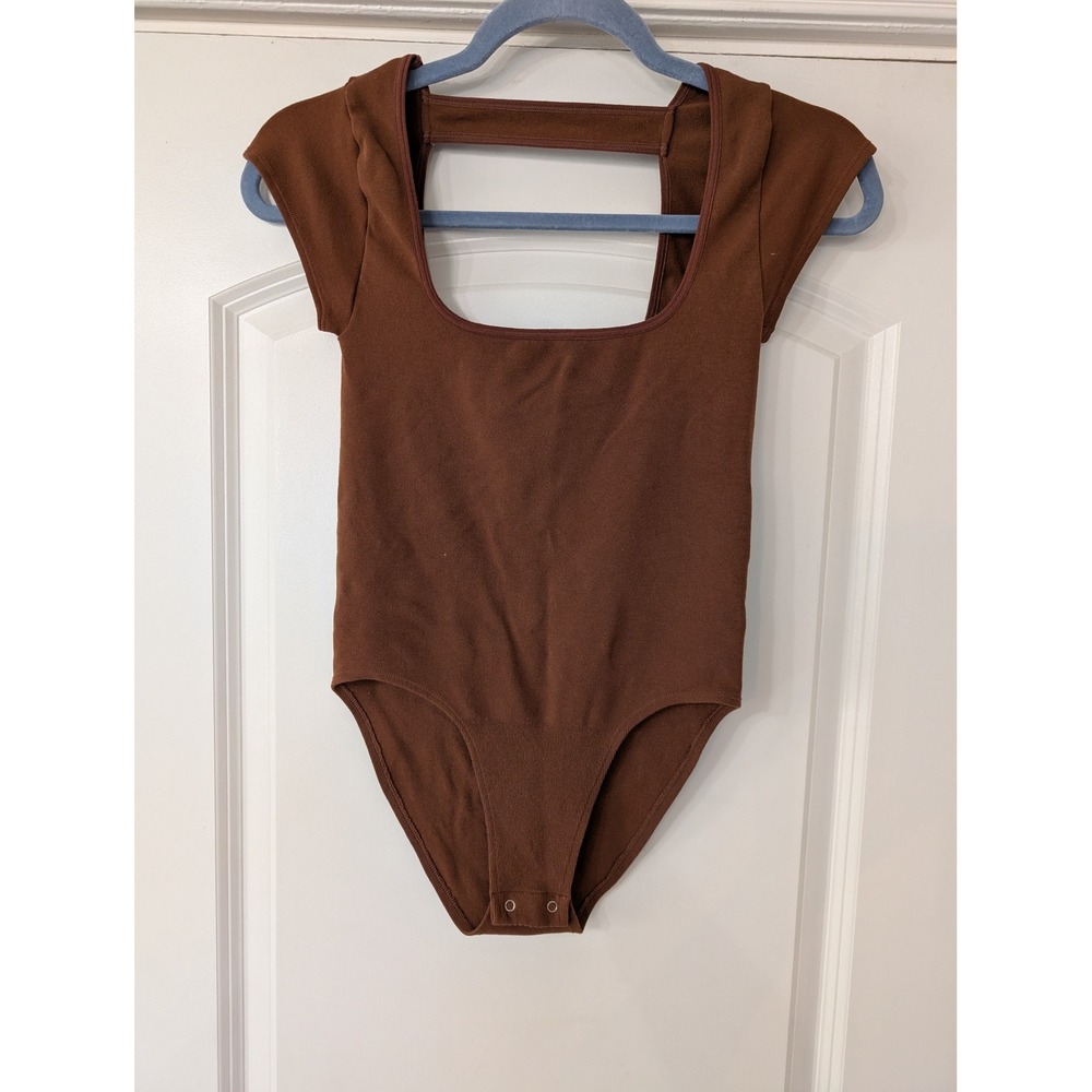 Anthropologie Brown Square Neck Open Back Short Sleeve Bodysuit S/M Womens